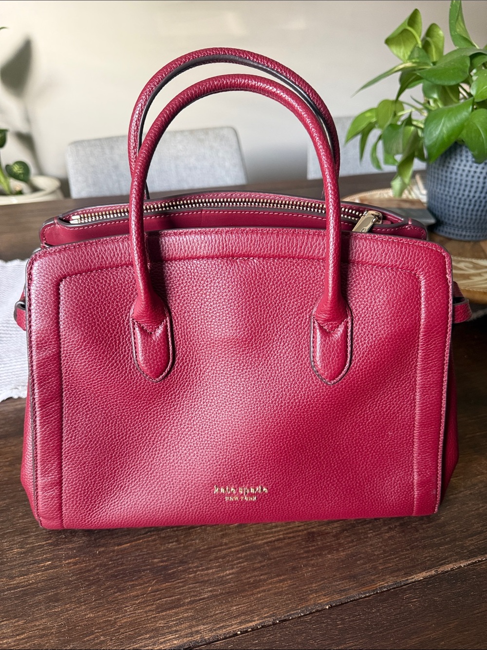 kate spade Pebbled Leather Satchel in Berry Red
